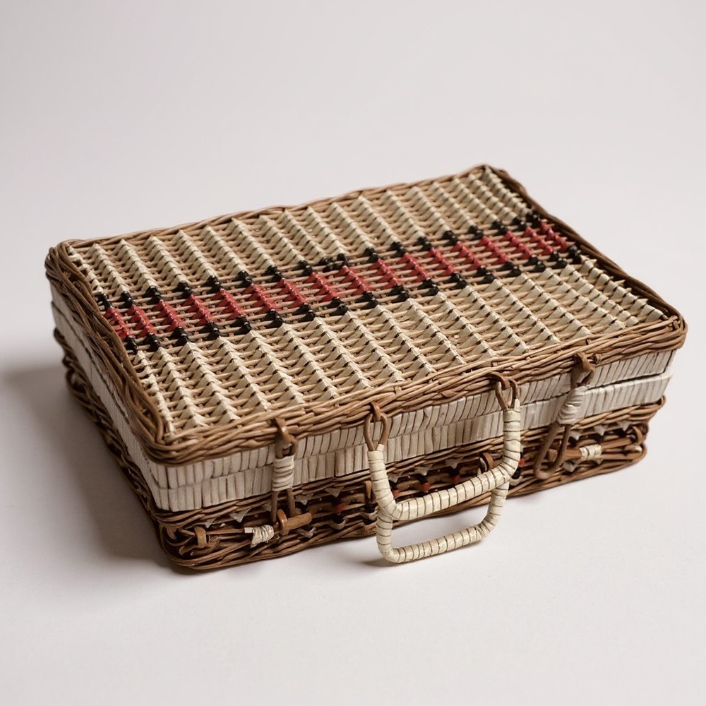 Vintage 60s Woven Wooden Vinyl MCM Picnic Basket Bicycle Suitcase Neutral Rattan